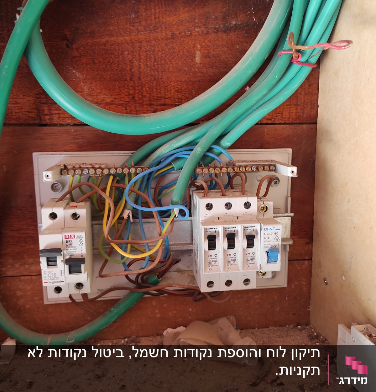 לוח חשמל עם חוטים צבעוניים ומפסקי זרם